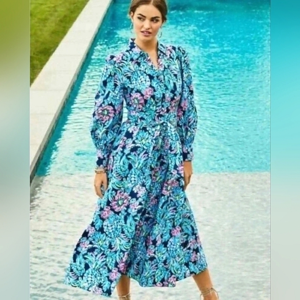 Lilly Pulitzer Blue Floral Midi Dress with Pink Accents